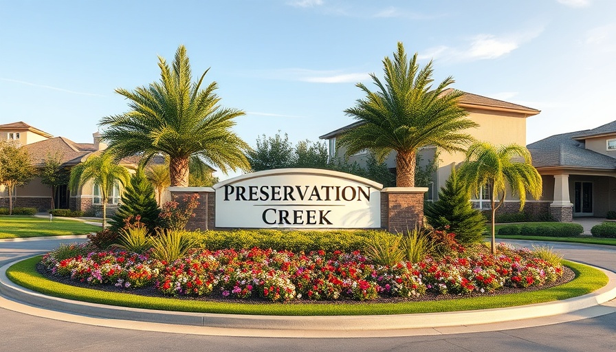 Modern landscaped entrance at Preservation Creek showcasing northwest Houston real estate trends.