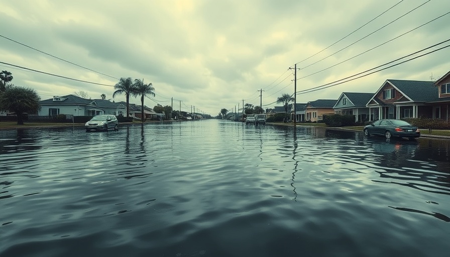 Floodwaters in suburban area symbolizing Harris County flood funding issues.