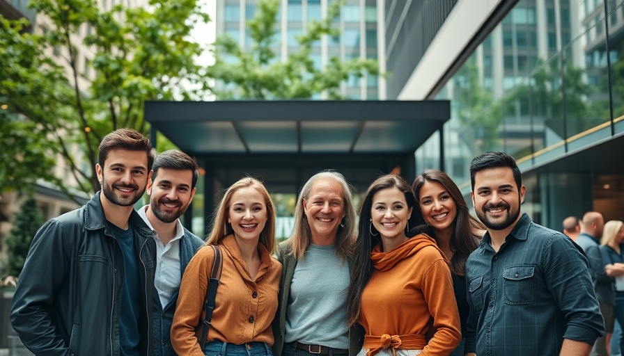 Proud group in front of Austin's newest Cafe Crème, modern background.