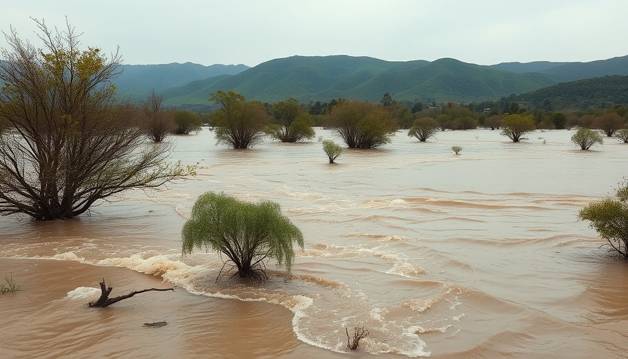 Flooded river landscape near Austin community events.