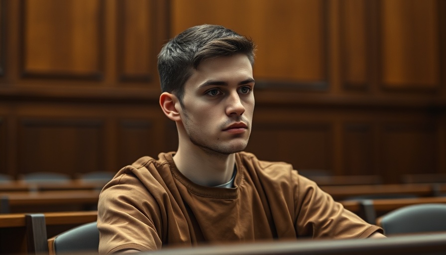 Somber courtroom scene with a young man in prison uniform during legal proceedings.