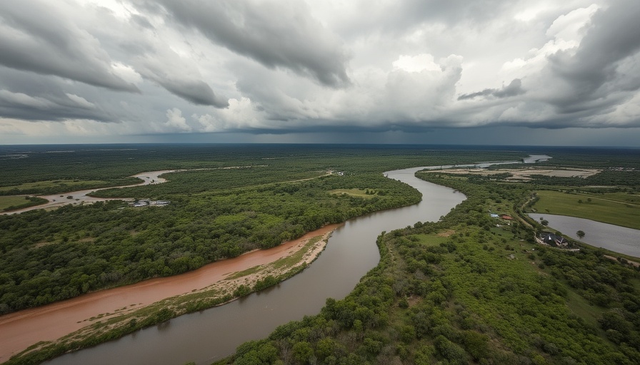 Central Texas landscape illustrating flood forecasting challenges under stormy skies.