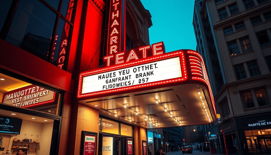 Theater entrance in Austin with neon signs, highlighting community events.
