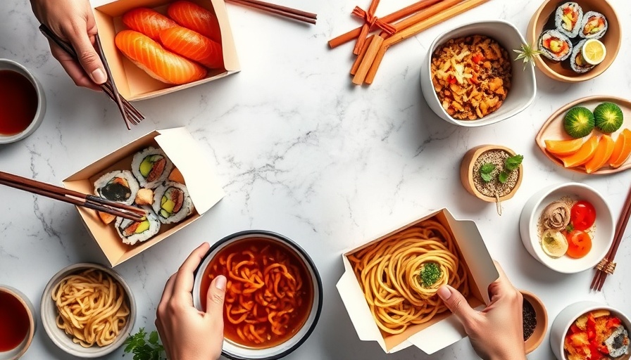 Austin sushi delivery meal with noodles and sushi in to-go boxes.
