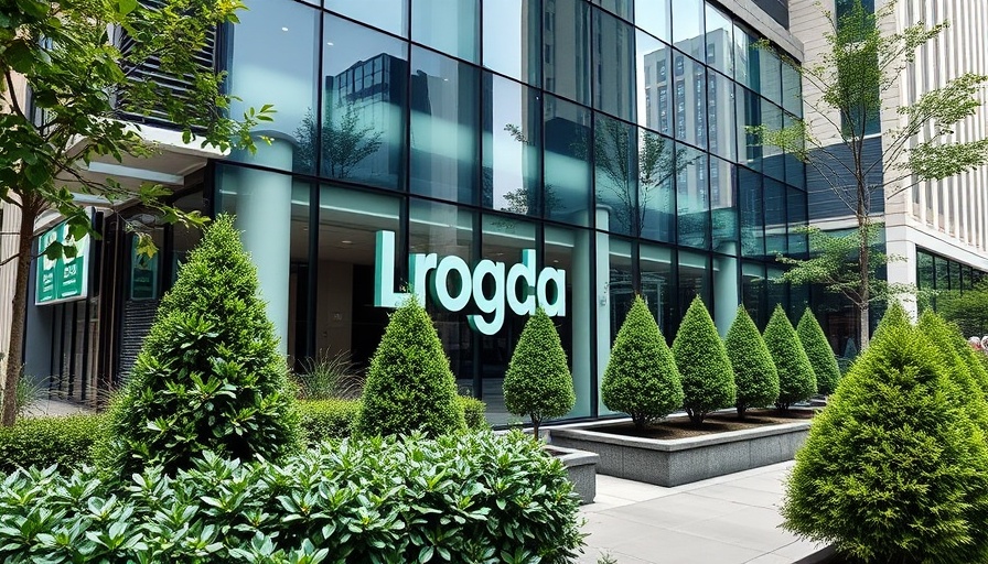 Modern office building in Houston with reflective facade and logo, highlighting real estate trends.