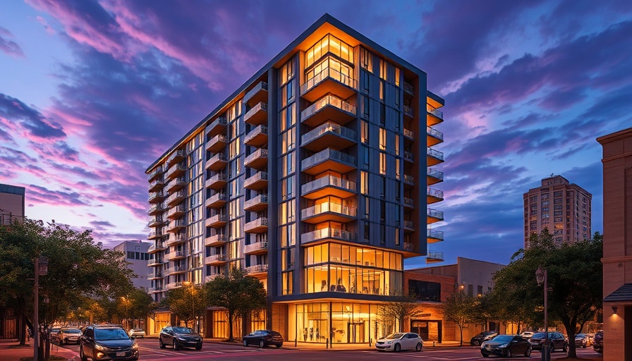 Upper Kirby apartment tower at dusk, vibrant cityscape.