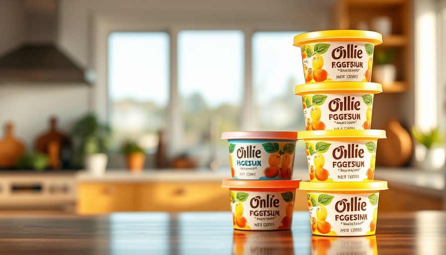Stack of colorful Oolie egg-based dips in modern kitchen.
