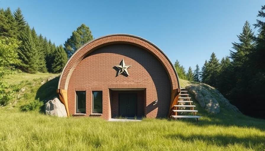 Modern underground living Tennessee bunker amidst greenery.