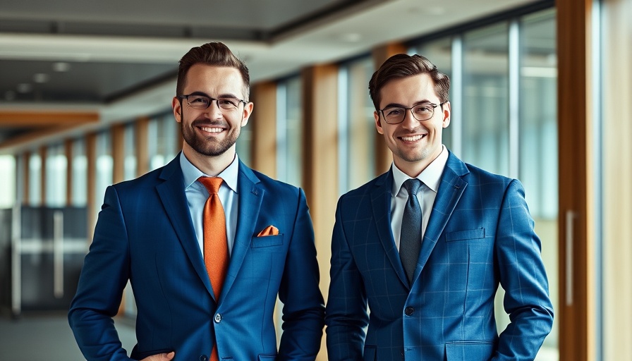 Two businessmen smiling confidently in a modern office setting, Houston market forecast 2025.