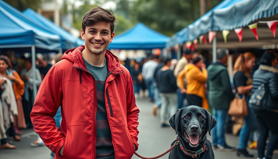 Austin community events: man with dog at outdoor market.