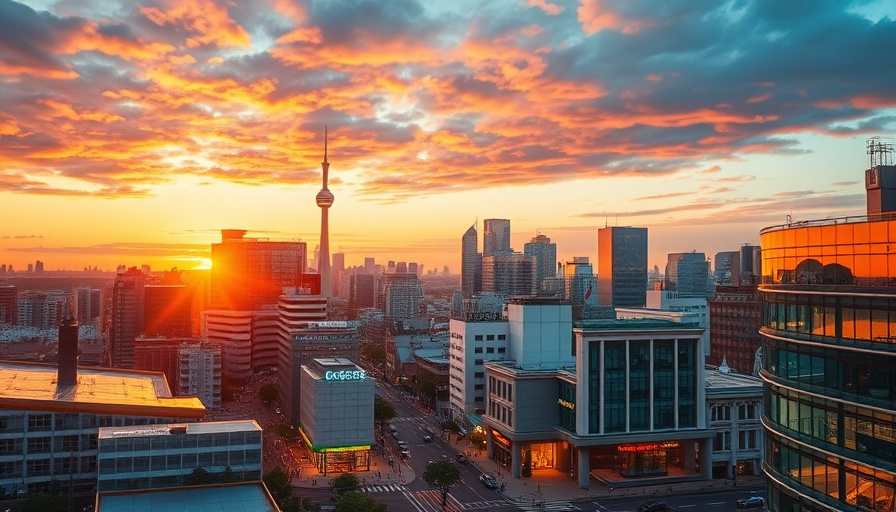 Northwest Houston real estate trends depicted in vibrant urban sunset scene.