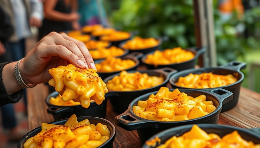 Gourmet mac and cheese at Austin Mac & Cheese Festival 2025, vibrant colors, outdoor setting.