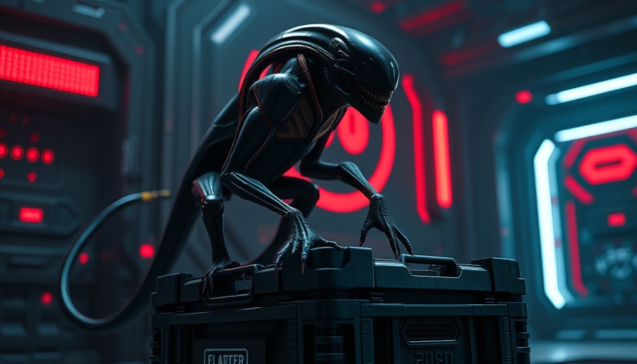 Sleek alien perched on futuristic crate at an Austin community event