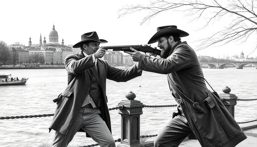 Historical duel scene illustrating 19th-century riverside standoff.