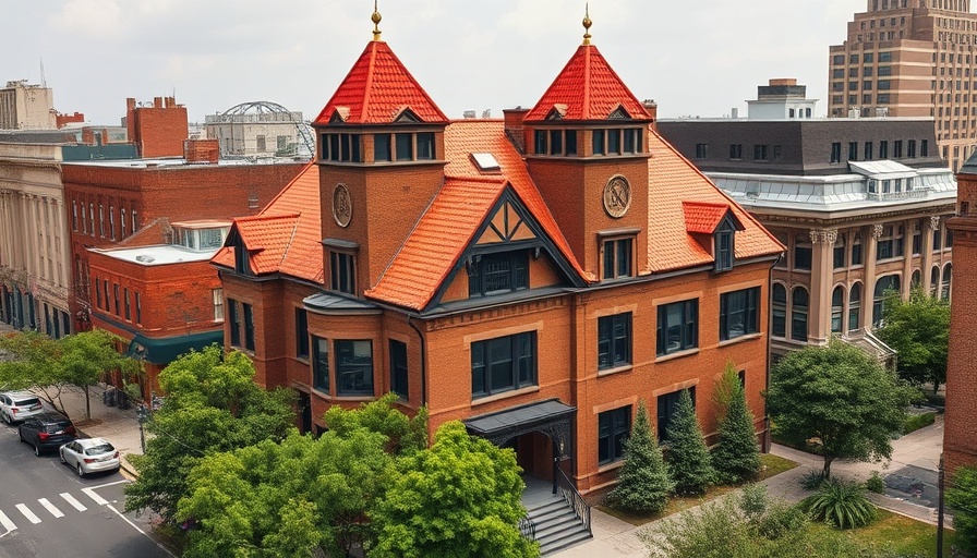 Aerial view of historic former Masonic lodge for sale in New York
