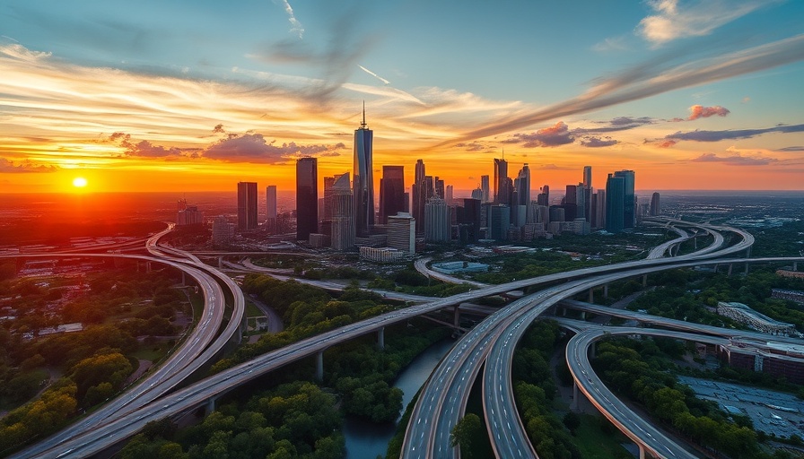 Aerial view of Houston skyline at sunset, showcasing urban growth.