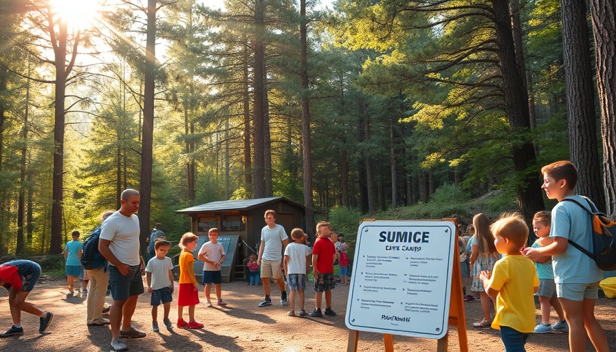 Texas summer camp flood safety regulations in action with campers and counselors outdoors.