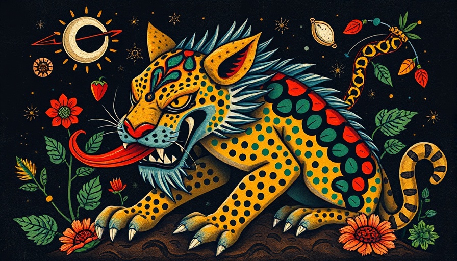 Whimsical jaguar with chili pepper, vibrant folk art style, Austin Chronicle Hot Sauce Festival Winners.