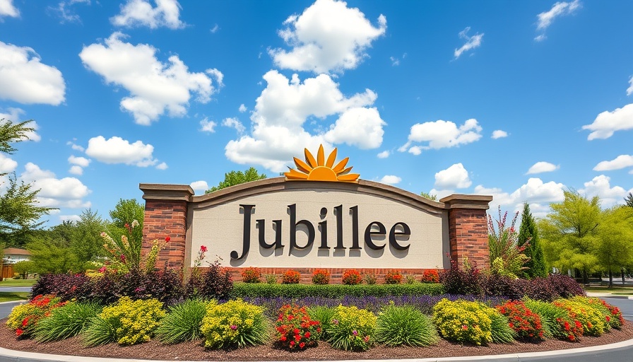 Jubilee welcome sign with lush greenery in Northwest Houston