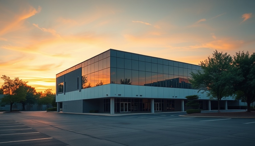 Vacant office building at sunset with empty parking lot.