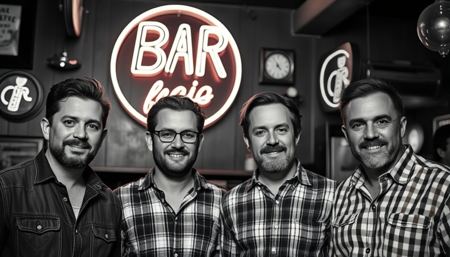 Band posing in front of bar sign, Austin live music events.