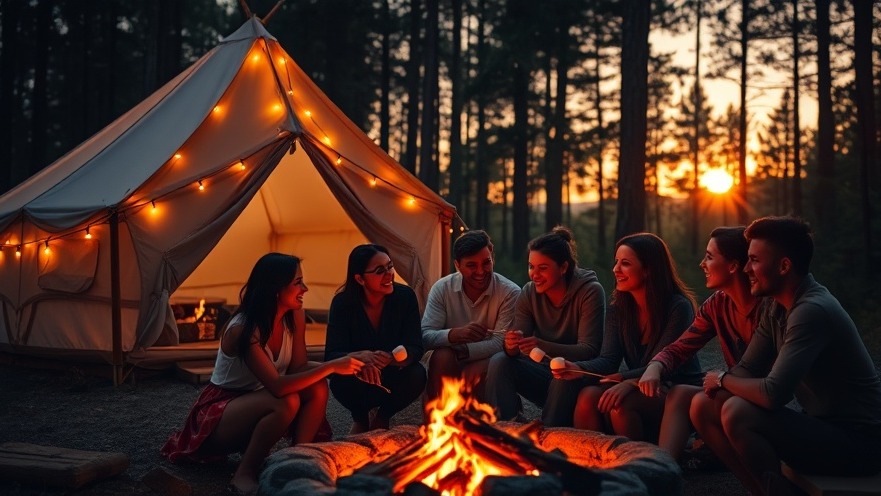 Glamping tips: Friends enjoying a cozy tent under fairy lights in a serene forest.