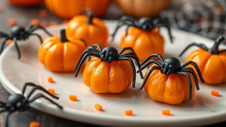 Festive easy Halloween treats featuring spider and pumpkin snacks in bright orange and black.