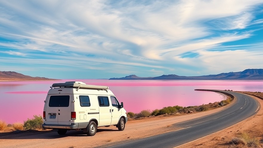 Serene campervan by a pink lake, perfect for unique Mother's Day gifts.