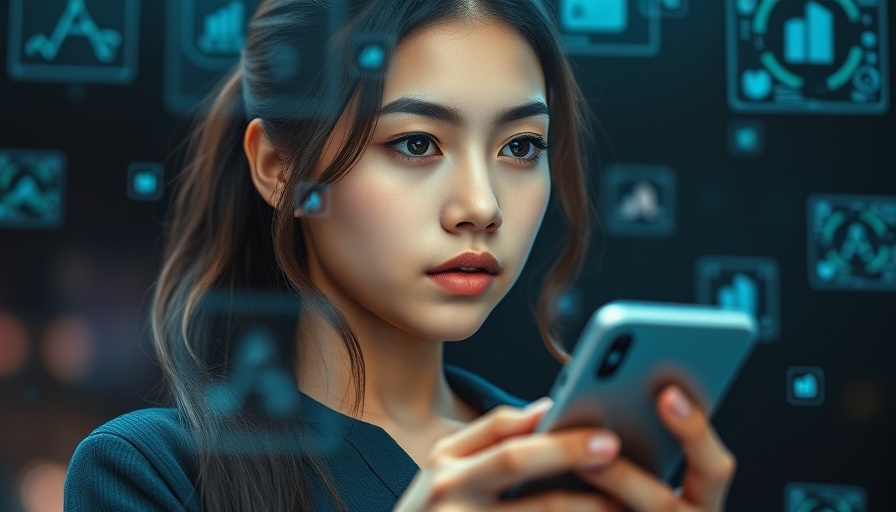 Focused woman with smartphone, digital screens around, YouTube SEO for restaurants.