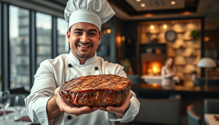 Chef with gold leaf steak and young man, discussing food cost rules for restaurants.