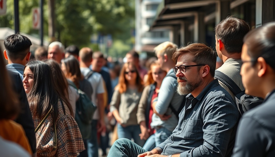 Engaging scene with a crowd and a man discussing in a restaurant marketing context