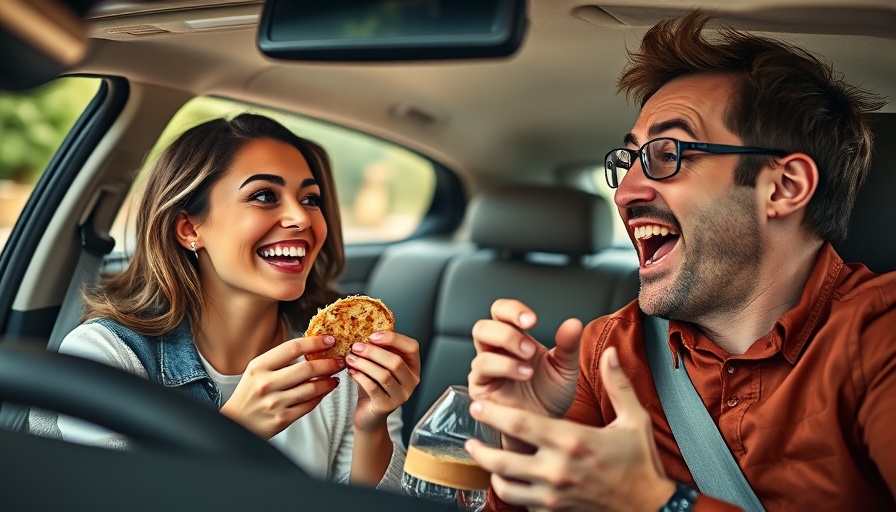 Joyful woman enjoying meal in car; animated man explains, indoors.