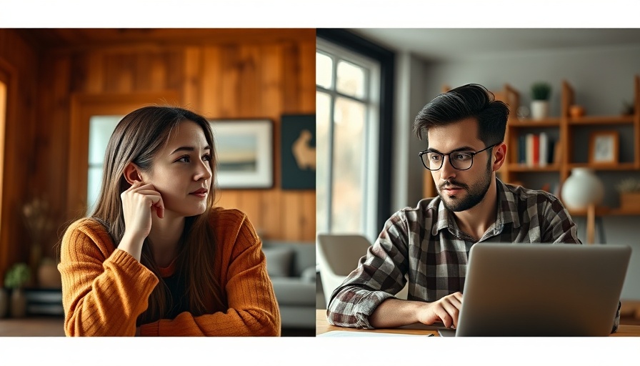 Vertical split-screen video call of a woman and man discussing in cozy and modern settings, restaurant marketing.