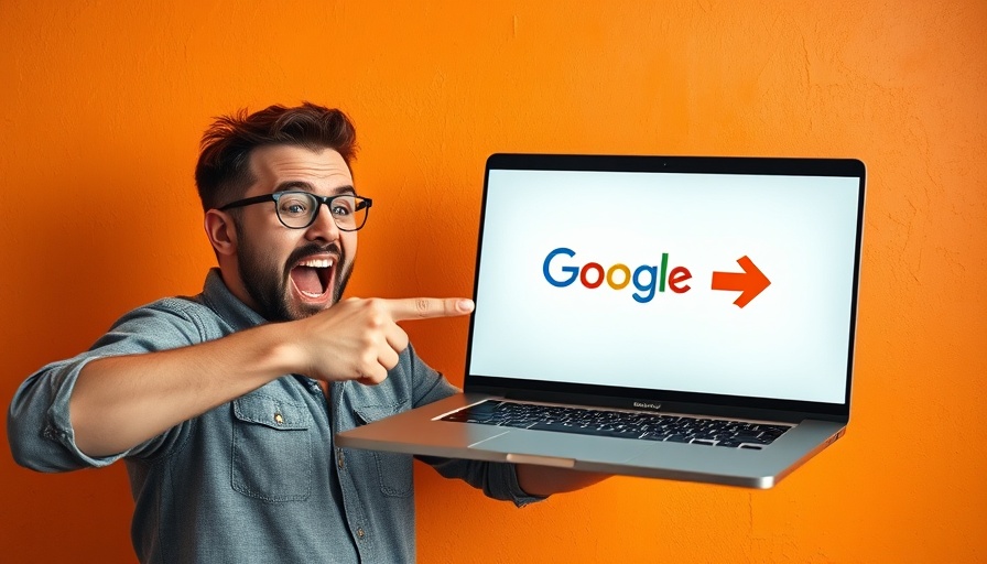 Excited man pointing at Google on laptop for SEO Content Strategy.