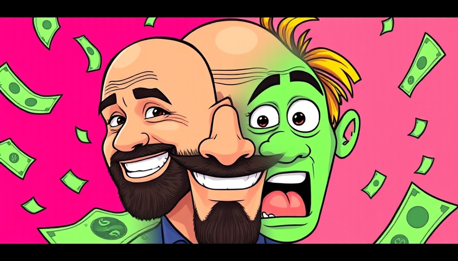 Split screen cartoon of man with money, contrasting expressions.