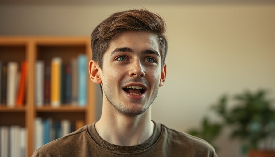 Engaging young male speaking energetically indoors, restaurant marketing ideas.