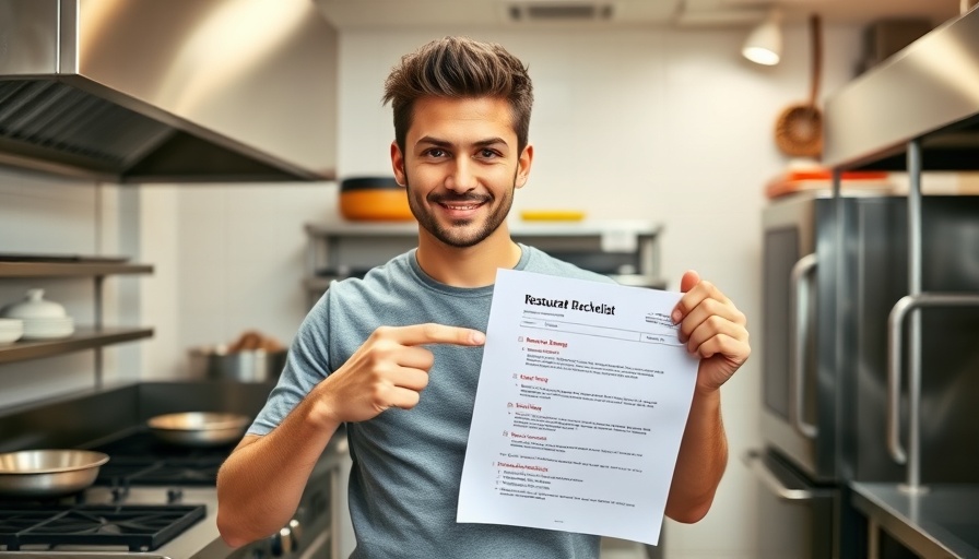 Confident man with restaurant business plan checklist in a kitchen.