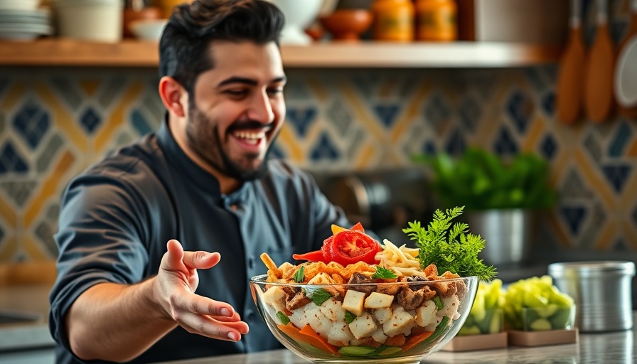 Vibrant poke bowl with chef discussing profitable restaurant concept in a kitchen.