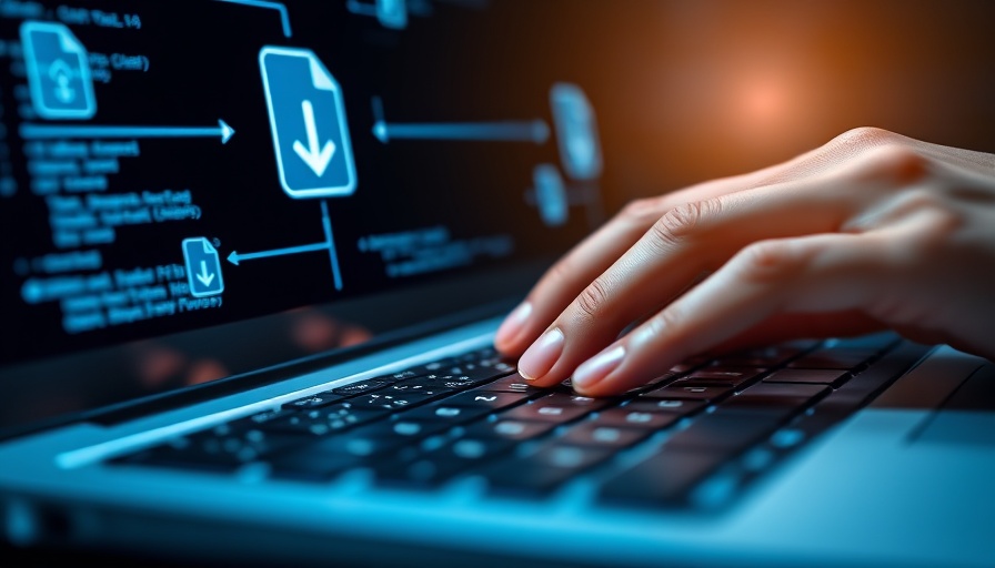 Hands on laptop with digital file transfer icons for enterprise-level migrations.