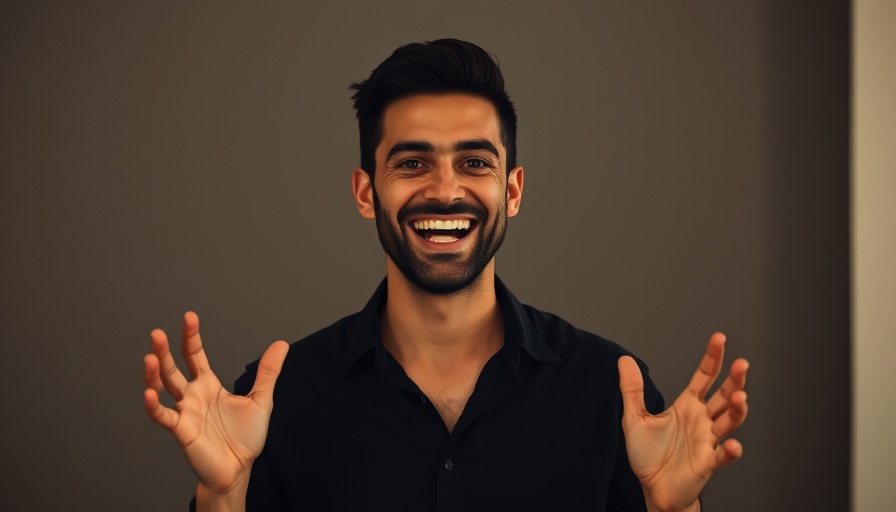 Smiling person gestures energetically, symbolizing restaurant franchise success.