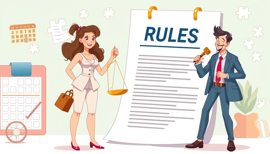 Illustration depicting Google Unfair Advantage Policy Update with figures, scales, and gavel.