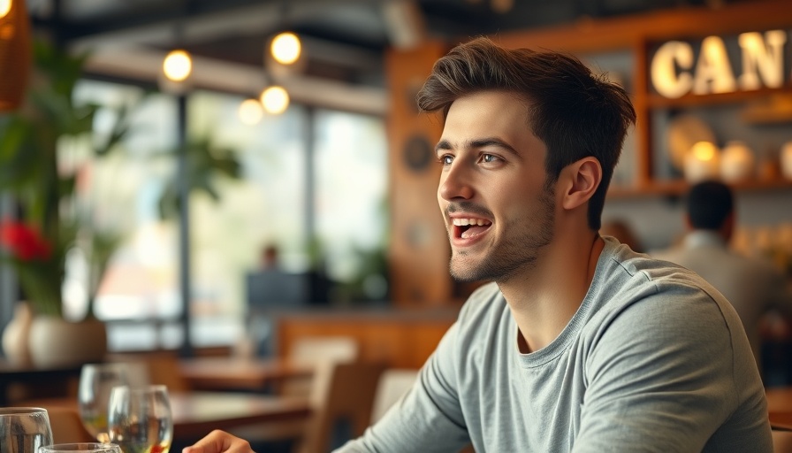 Casual man discussing restaurant marketing indoors.