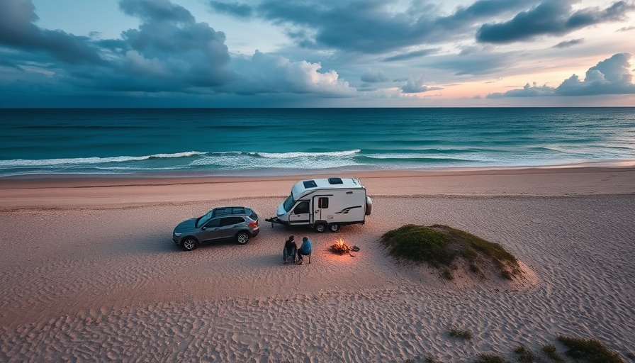 Aerial view of beach camping setup near ocean in Australia.