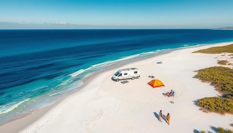 Beach camping in Australia with caravan and ocean view.