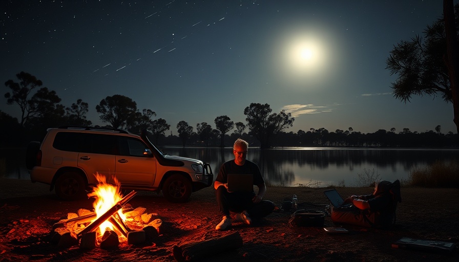 Nighttime glamping at Camooweal Billabong with man by campfire.