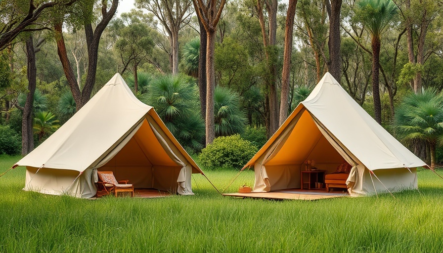 Rustic camping scene in Australia with tents in eucalyptus grove.