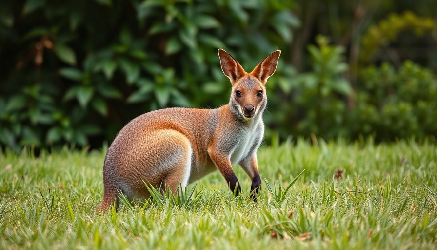 Curious wallaby in Australian campground, lush greenery.