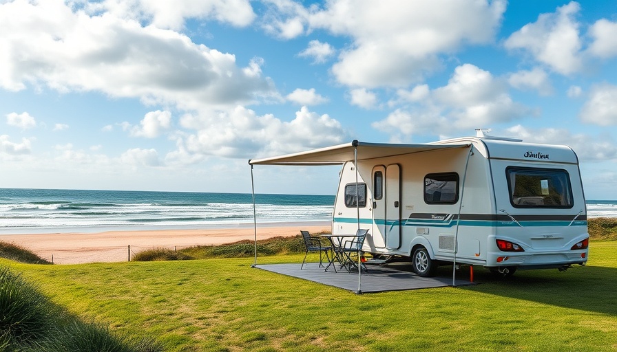 Coastal camping in Australia by the ocean with caravan and beach.