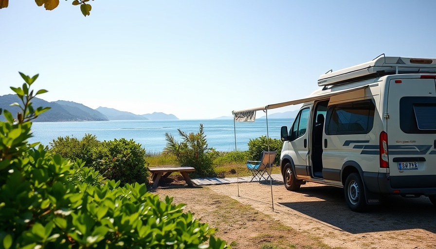 Beachfront camping setup, camper van with awning in Australia.