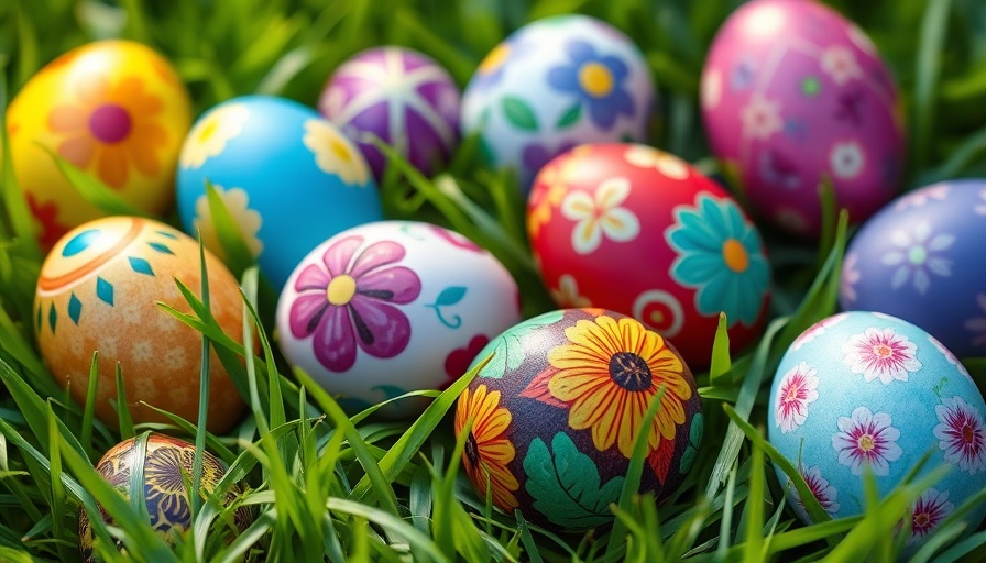 Colorful decorated Easter eggs on green grass, festive setting.